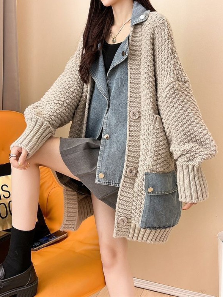 UCXQ Patchwork Denim Jacket Fashion Single Breasted Sweater Cardigan Long Sleeve Big Size Knit Coats Winter Autumn Tide 206