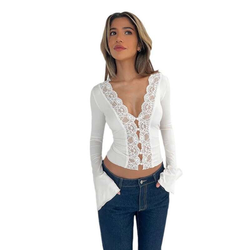 European And American Foreign Trade New Women's Long Sleeved Shirt Lace Cardigan Button Flared Sleeves Exposed Waist T Fashion Quality Classic
