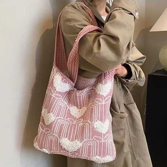 Fashion Love Knitted Womens Bag Large Capacity Versatile Handheld Shoulder Bag Texture Knitted Tote Bag Bucket Bag Cloth Bag