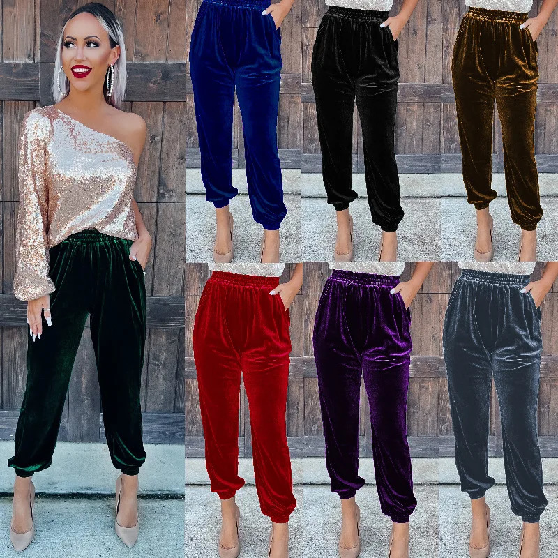 2025 Womens Velvet Velour Joggers Soft Stretch Warm Sweatpants Pants With Pockets 241212