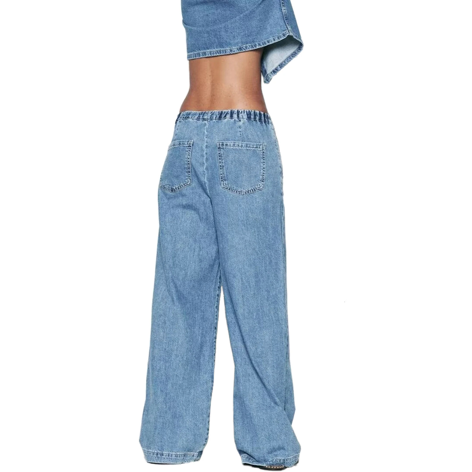 Womens Denim Short Single Breasted Top and High Waist Wide Leg Pant Suit Casual Jogging 241121