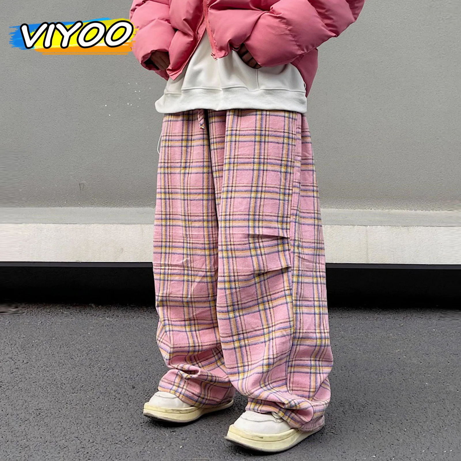Mens Pink Vintage Oversized Plaid Pants Summer Baggy Wide Leg Pants Drawstring Y2K Streetwear Trousers Japanese Korean Clothes 241214