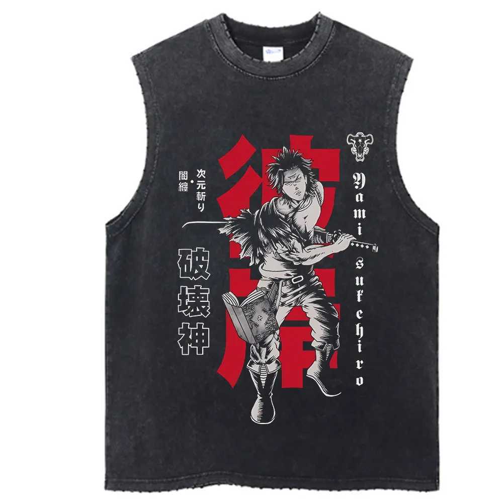 Anime Black Clover Print Vintage Washed Tshirt Harajuku Streetwear Graphic T-Shirt Summer Short Sleeve Cotton Hip Hop Tshirt W241216