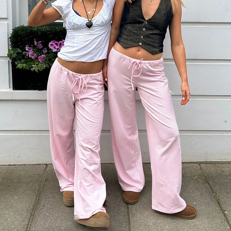 Cuteandpsycho Casual Striped Print Loose Pants Streetwear Laceup Basic 90s Trousers Aesthetic Y2K Harajuku Bottoms 241212