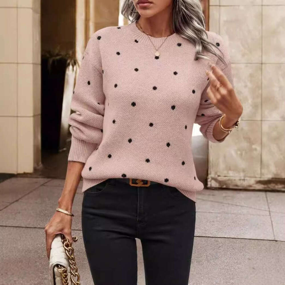 European And American Foreign Trade Fashion Round Neck Long Sleeved Pullover Clothes Autumn Women's Polka Dot Jacquard Knitted Sweater Top