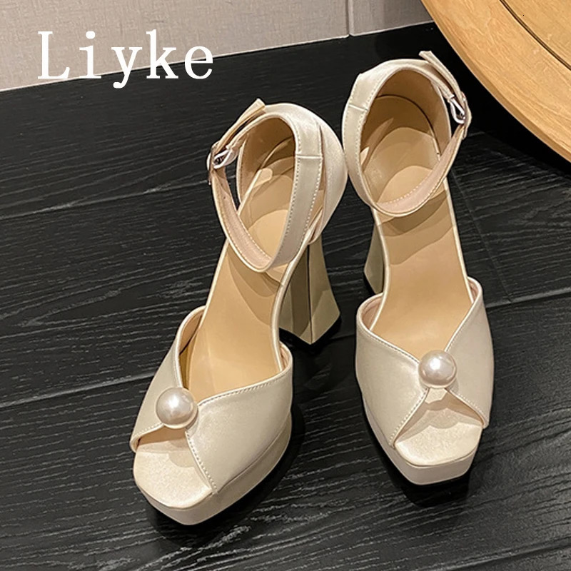 Liyke Sexy 135CM Super High Heels Platform Sandal Summer Fashion White Pearl Peep Toe Wedding Banquet Shoe Zapatos Mujer 241213