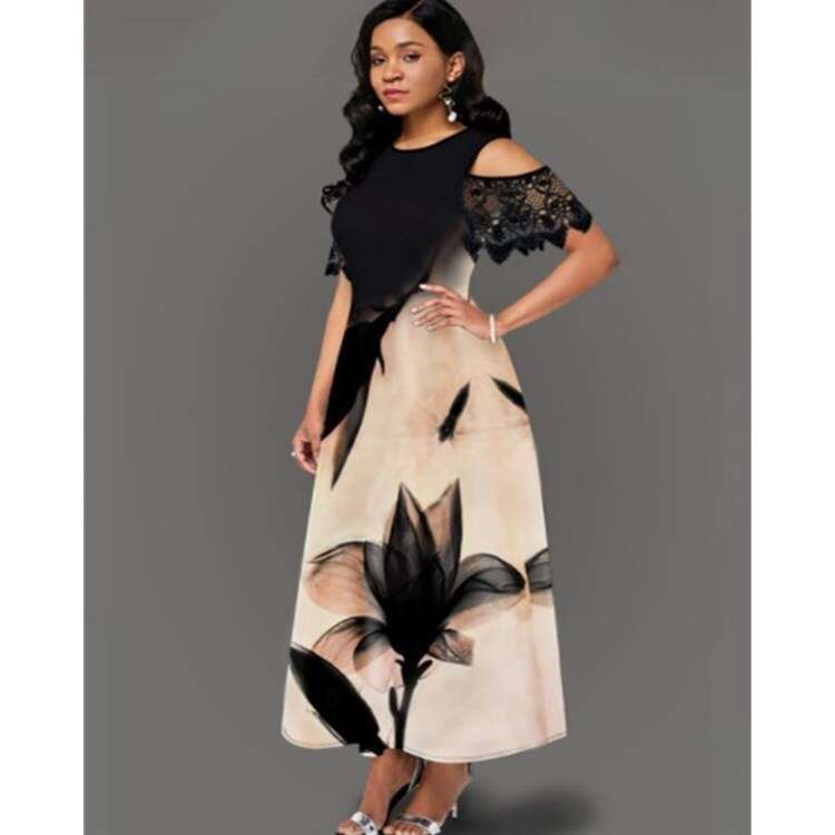 European and American women's print lace sleeve splicing long dress for women 2024 new casual versatile fashion clothing