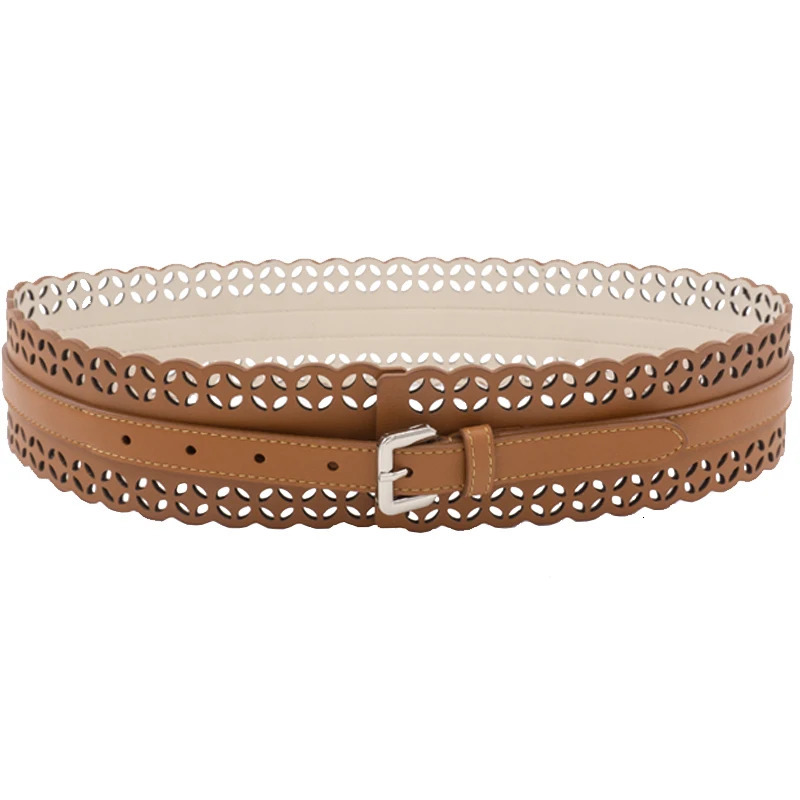 Bohemian style openwork waist seal ethnic style genuine leather wide silver buckle belt womens laser cut pattern 241216