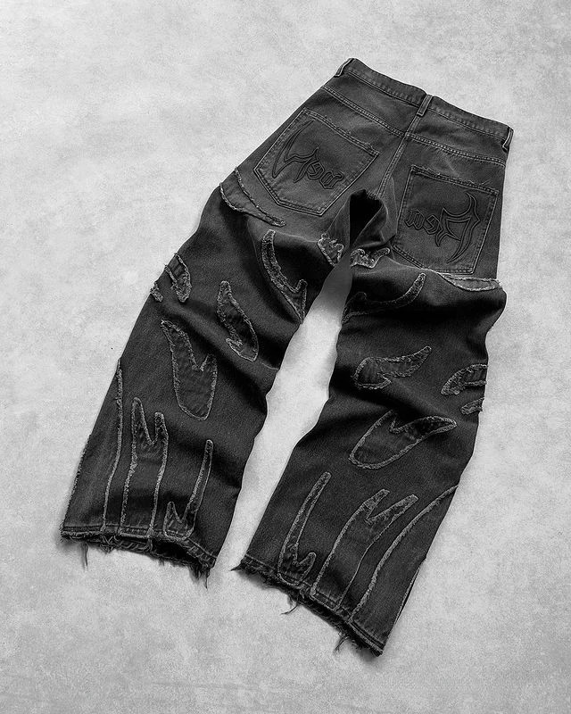 Streetwear Jeans Y2K Mens Womens Retro Hip Hop Distressed ed Baggy Black Pants Rock High Waist Wide Leg Trousers 241216