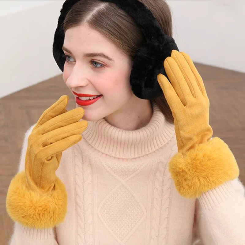 Fashion womens winter warm suede leather touch screen gloves artificial rabies fur embroidered with velvet thick driving H92 241212