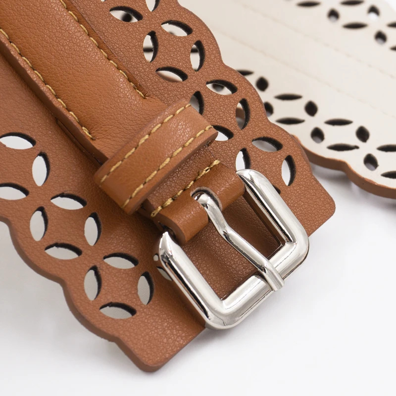 Bohemian style openwork waist seal ethnic style genuine leather wide silver buckle belt womens laser cut pattern 241216