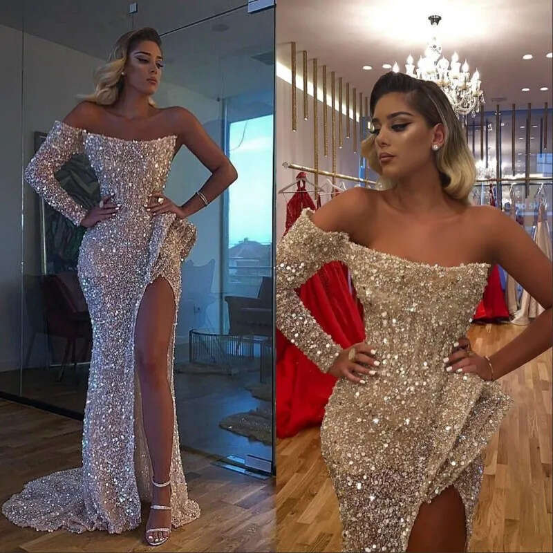 Glitter Aso Ebi Arabic Gold Reflective Prom Mermaid High Split Evening Dresses Sequined Formal Party Second Reception Gowns
