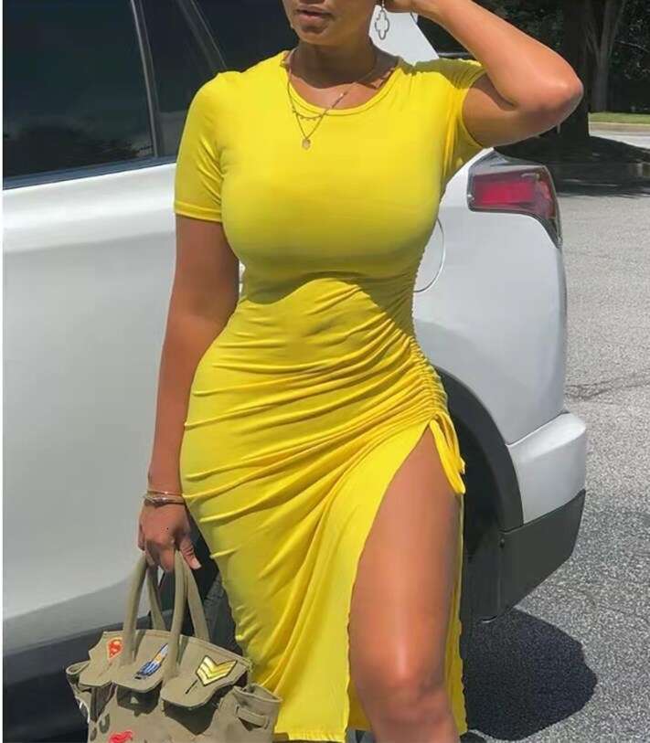 European and American women's printed net color short sleeved drawstring dress 2024 new casual fashion trend clothing