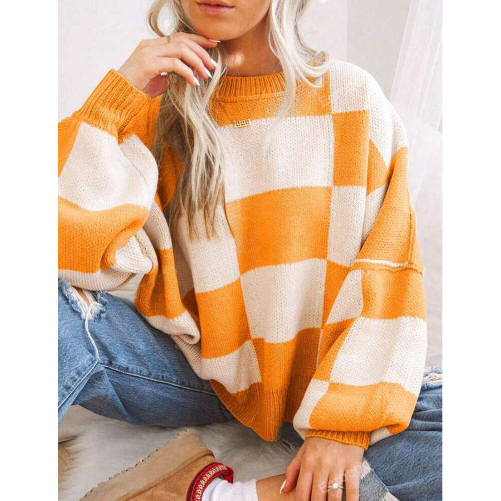 New Autumn Clothes Women's Knitted With Grid Elements Round Neck Loose Sweater From Europe And America