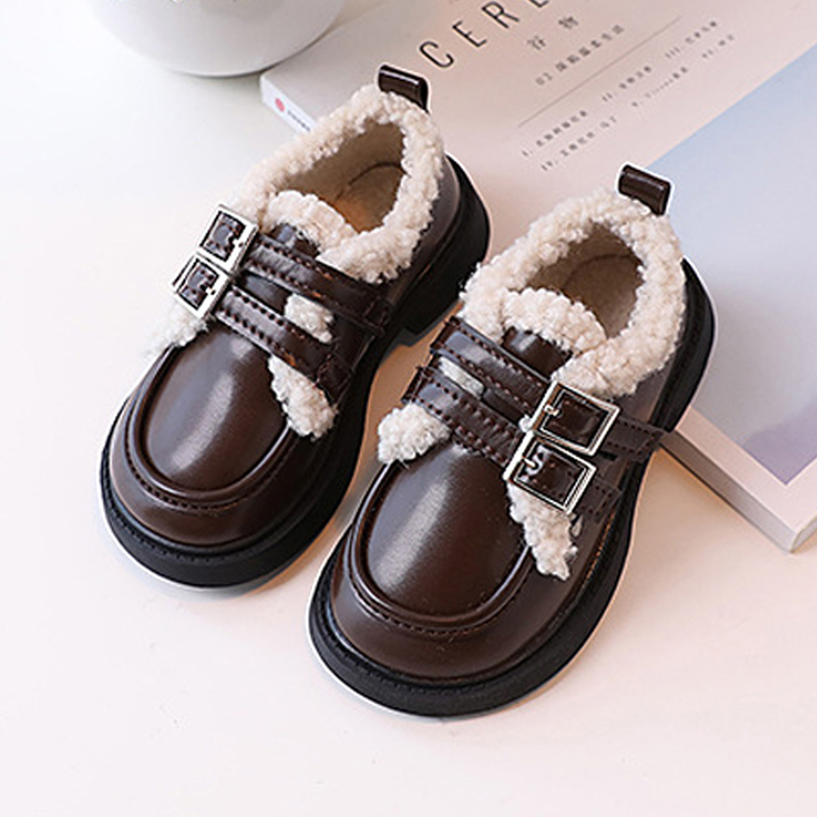 Children Leather Shoes Loafers for Boys Girls Winter Thick Soled Lamb Wool Warm Happysteps Girl Uniform Princess School Cotton Shoes Plush PU Sizes US