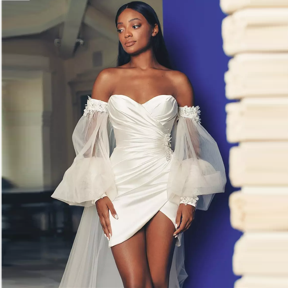 A-Line Short Wedding Party Dresses Detachable Off Shoulder Long Sleeves Pleats Bridal Gowns Brides Party Gowns for Women Bridals Dress Customized Vest