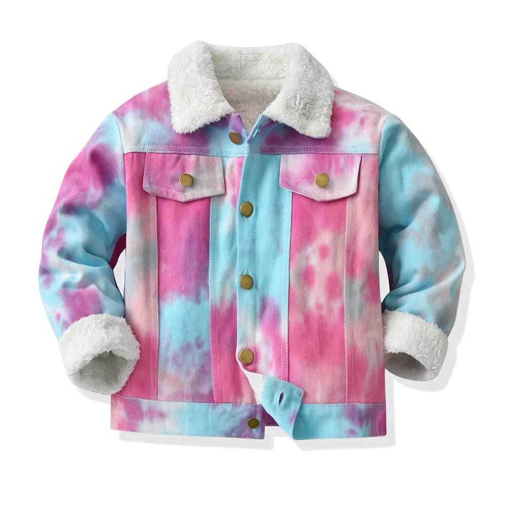 Childrens Korean Version Colorful Denim Jacket with Imitation Lamb Velvet Autumn and Winter Warm Boys and Girls Fine Hair CoatXJ241214