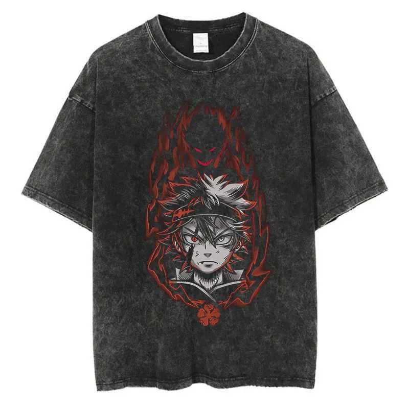 Anime Black Clover Print Vintage Washed Tshirt Harajuku Streetwear Graphic T-Shirt Summer Short Sleeve Cotton Hip Hop Tshirt W241216