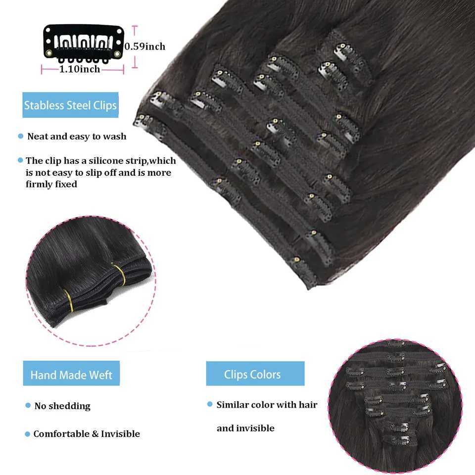 Straight Brazilian Mane Remy Clip in Hair Extensions Full Head Human Hair 100% Real Natural Hairpiece Clips On 120G 14 To 22XJ241216