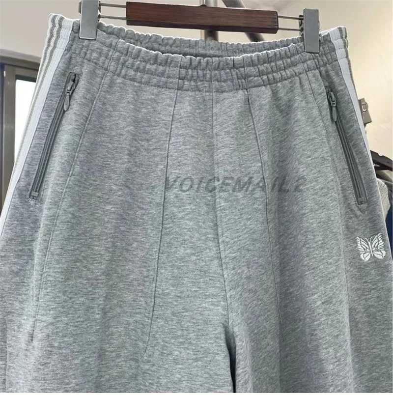 25SS Butterfly Embroidered AWGE Wide Leg Pants Mens and Womens Jogging Drawstring Pants Grey Pure Cotton looped striped Sports Pants X241216