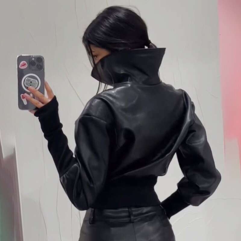 Autumn Winter New European And American Sexy Spicy Girl Style Top Fashionable PU Stand Up Collar Slim Fit Leather Jacket B4