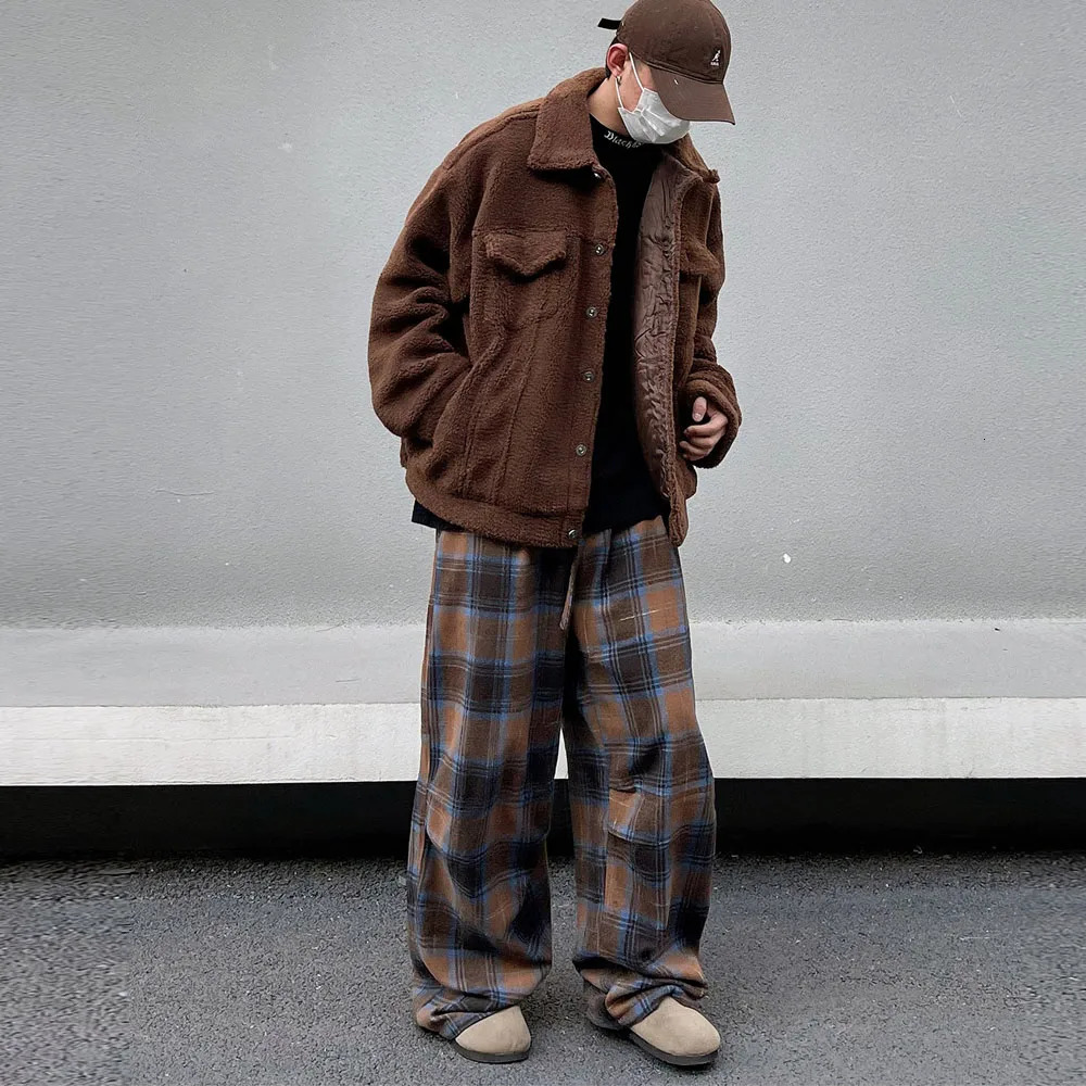 Mens Pink Vintage Oversized Plaid Pants Summer Baggy Wide Leg Pants Drawstring Y2K Streetwear Trousers Japanese Korean Clothes 241214