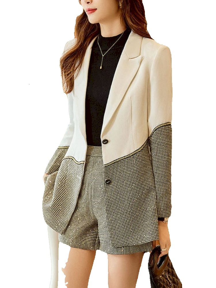Temperament Plaid Blazer Shorts Set For Women Office Lady Notched Suits Jacket Two Pieces Sets Autumn New Tide 23A4438