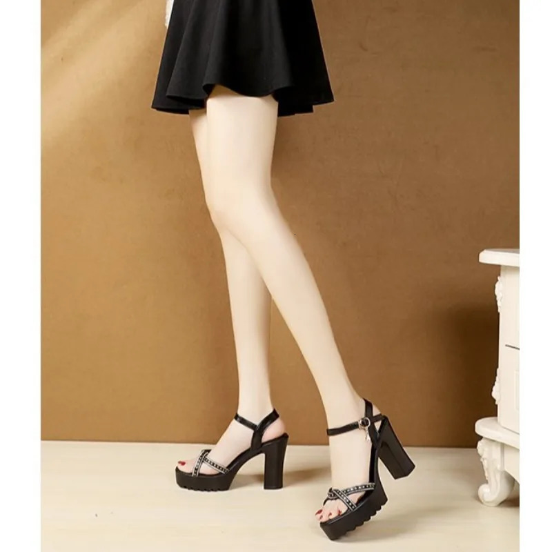Sandals for Women One Word Summer 2024 Block Heel Ladies Shoes Wedge with Platform Waterproof Footwear y Superhigh Beige 241213