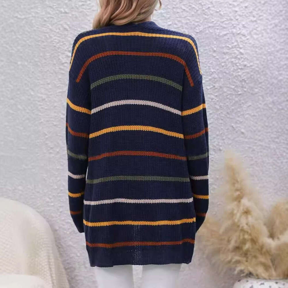 European American Clothing Women's Long Sleeved Horizontal Striped Cardigan Jacket Spring And Autumn Winter New Style