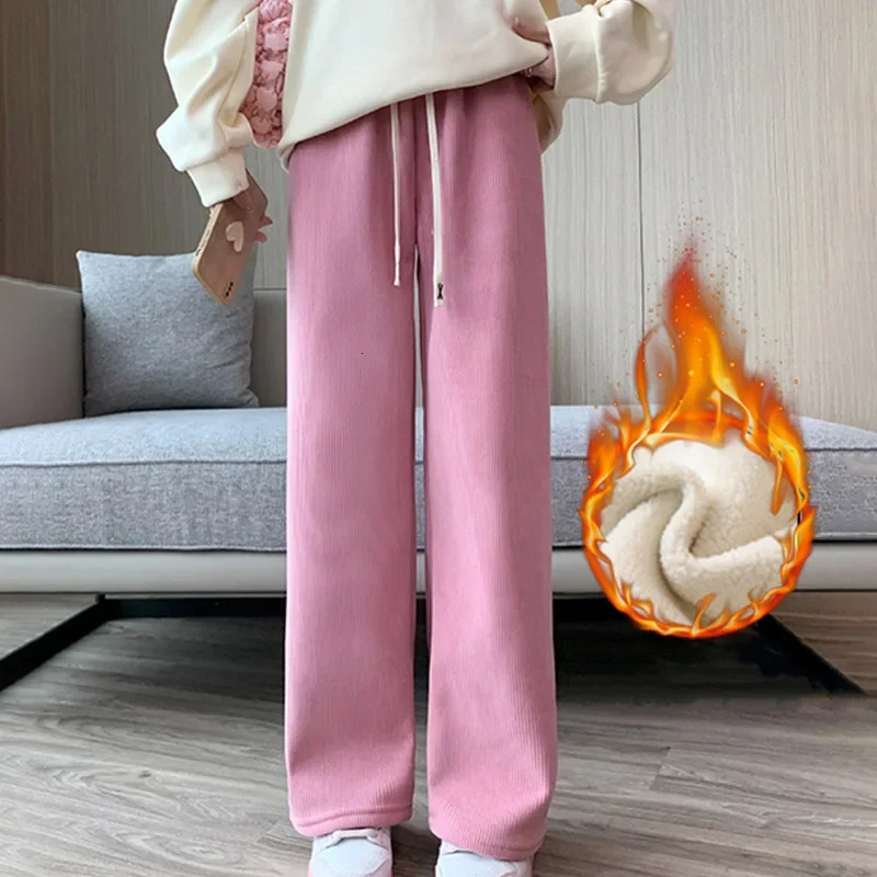 Warm and Thick Corduroy Mens Winter Straight Pants Wide Leg Sports Plush High Waist Casual Womens 241212