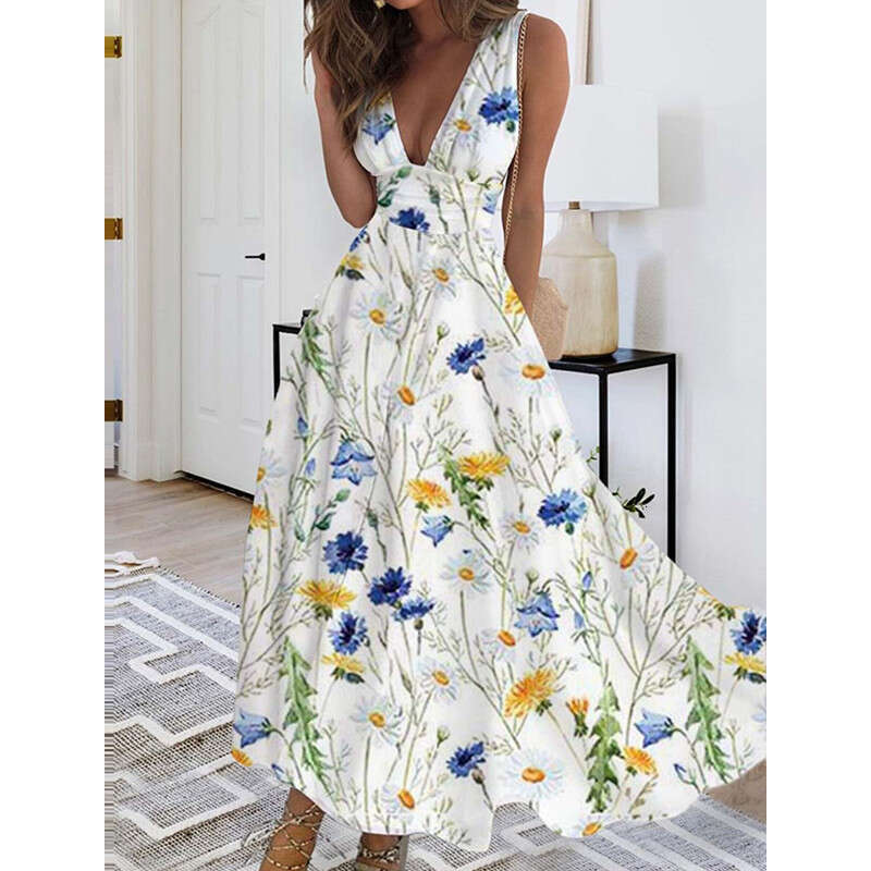 Ins European, American, Russian, deep V-neck sleeveless sexy high waisted satin women's dress 2024 new casual versatile fashion clothing