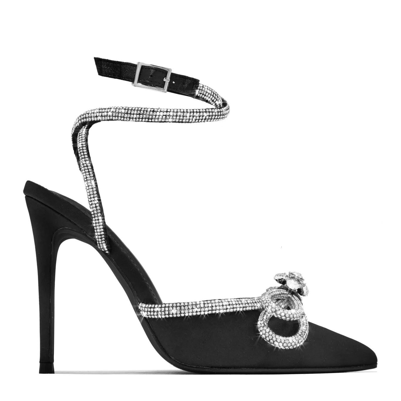 New Pointed And Shiny Rhinestone Bow With Thin Winding Straps, Party Banquet Women's High Heels, Single Shoes