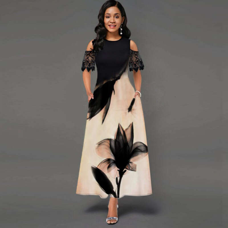 European and American women's print lace sleeve splicing long dress for women 2024 new casual versatile fashion clothing