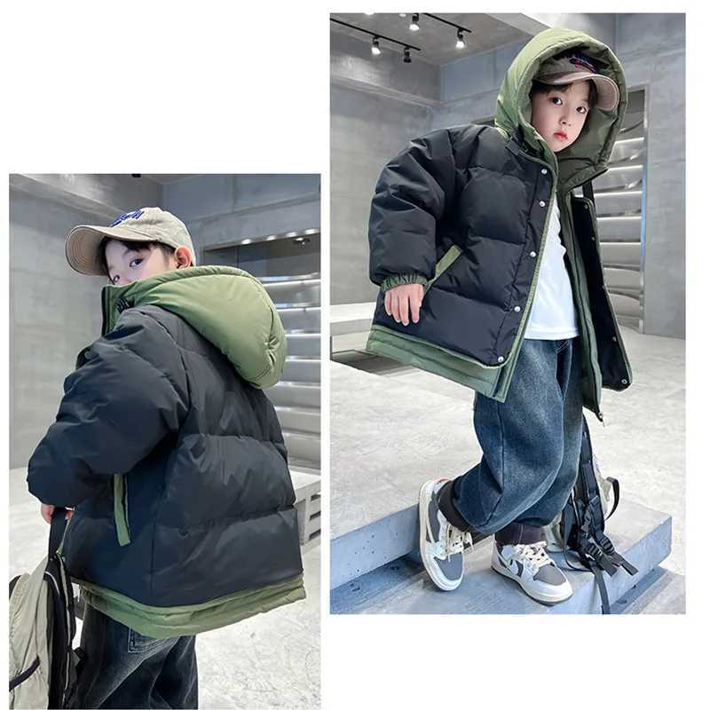 Boys Fashion Down Coats Kids Winter Thickened Hooded Jackets Kids Warm Casual Parkas New Cotton Clothes Teenager Overcoat 5-14YXJ241214