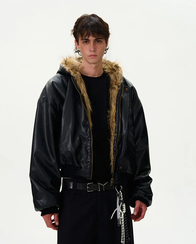 Tung Sung Short Faux Cotton Coats Trendy Vintage Casual Reversible Coat Fur Integrated Hooded Silhouette Jacket Men