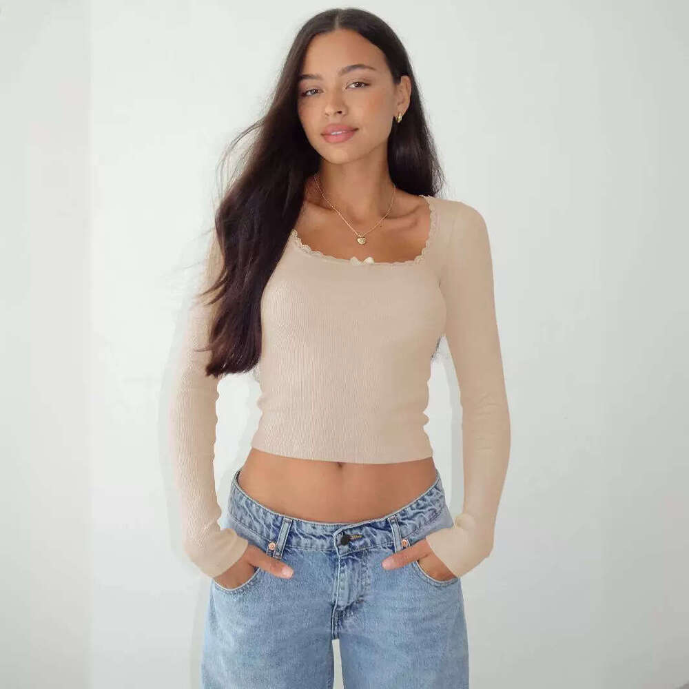 New Long Sleeved T-Shirt For Women's Fashion Trend, Slimming And Slimming, Lace Patchwork Spicy Girl Top, U-Neck Base Shirt, Fashionable Quality,