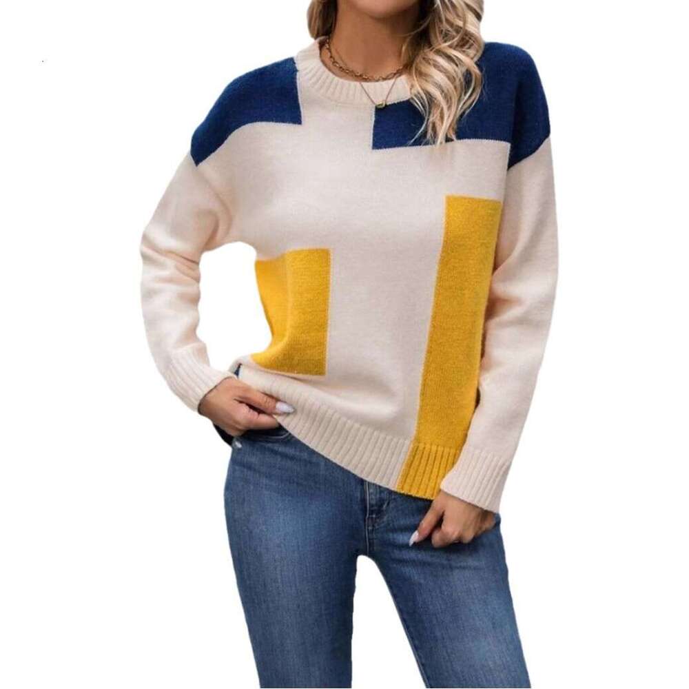 Autumn Clothing For Women In European And American Foreign Trade, Color Blocked Knitted Sweaters, Round Neck Pullover Tops, Fashionable Quality, Class