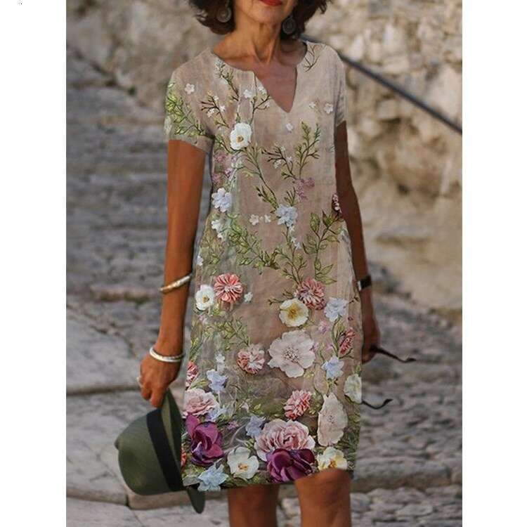 European and American Women's Spring/Summer Style Positioning Printed V-neck Short sleeved Dress 2024 New Casual Versatile Fashion Clothing