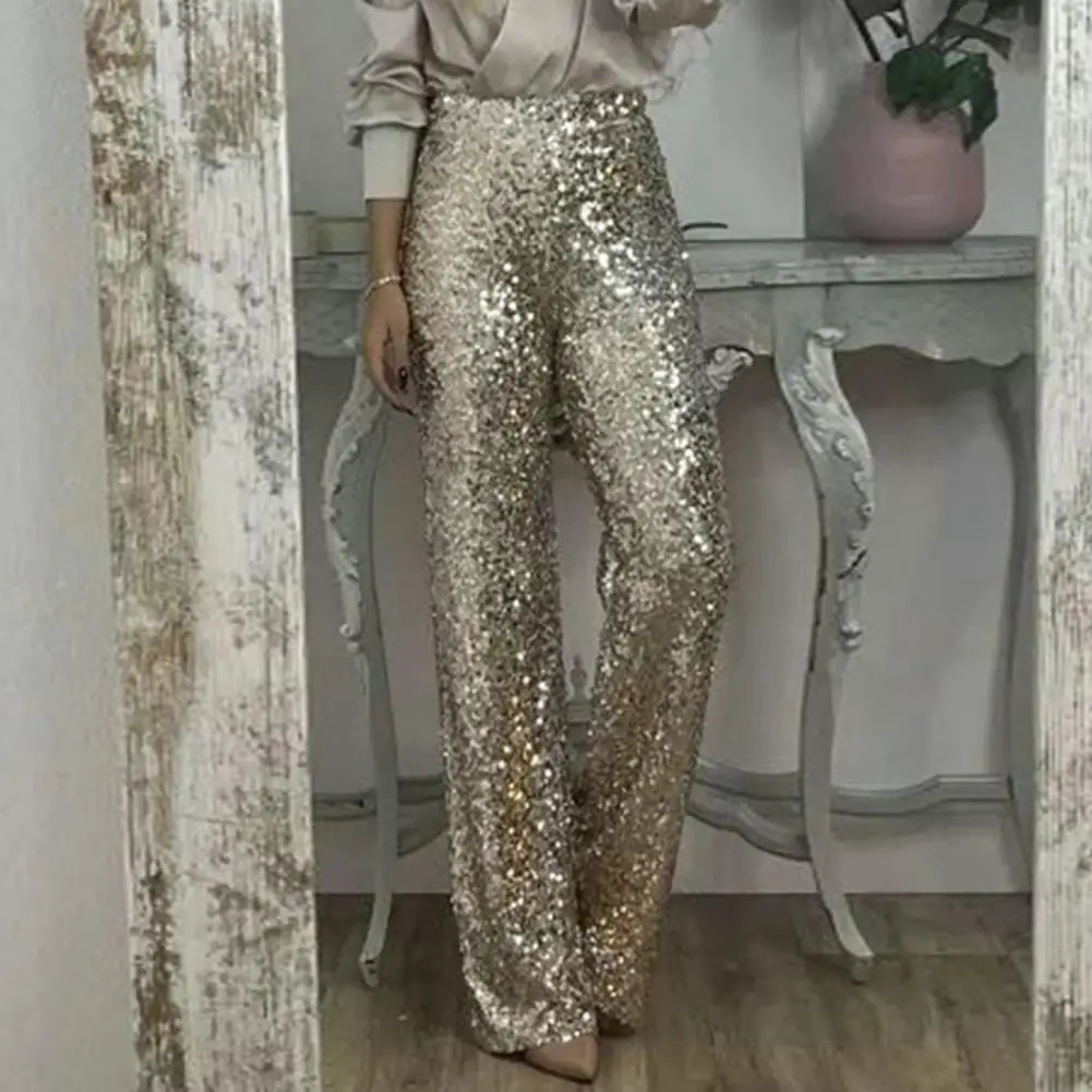 Womens pants sequins high waisted glitter micro light slim loose with elastic waistband style 241212