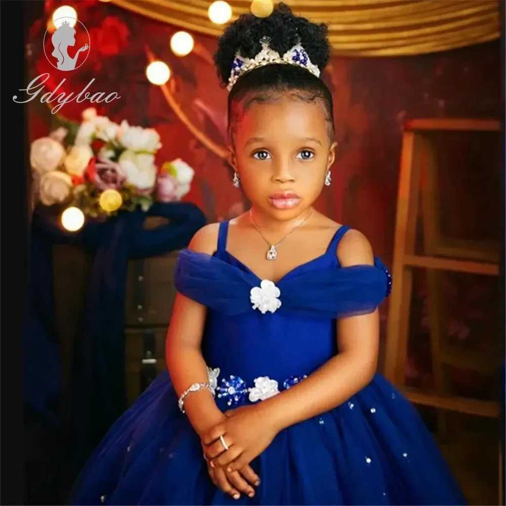 Girl's Dresses Customized Royal Blue Flower Girl Dresses for Wedding Beaded Tulle Off The Shoulder Toddler Girls Pageant Dress Kids Formal Wear H