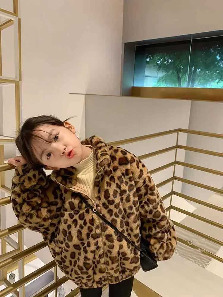 Coats Children Leopard Print Thick Loose Coat Autumn Winter Girl Plush Keep Warm Tops Childrens Clothing 2024 SimpleXJ241214