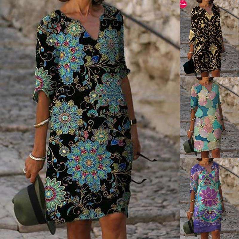 2020 summer print loose bamboo fiber en ral short sleeved women's retro artistic round neck five quarter sleeve 2024 new style chic and elegant c