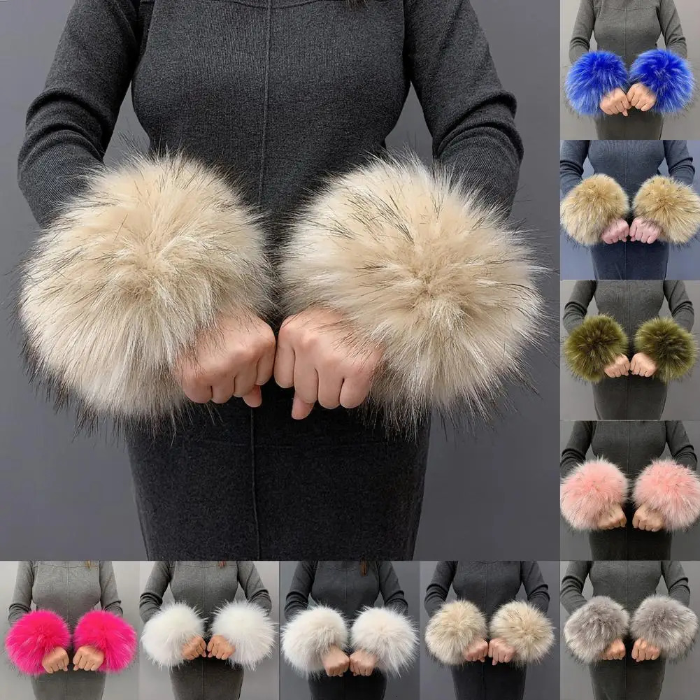 Womens artificial fur cuff wristband winter warm arm raccoon sleeve glove wrist fluffy 241212