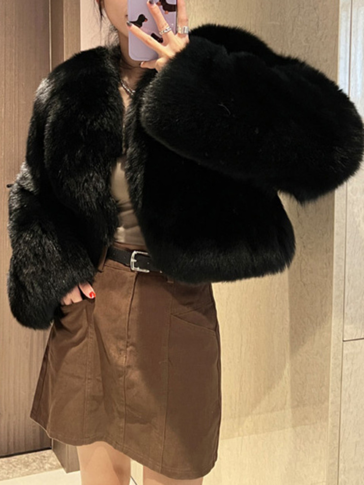 Fashion Tide Jacket O Neck Cardigan All Match Solid Color Casual Faux Fur Coat Women Autumn Winter 1838