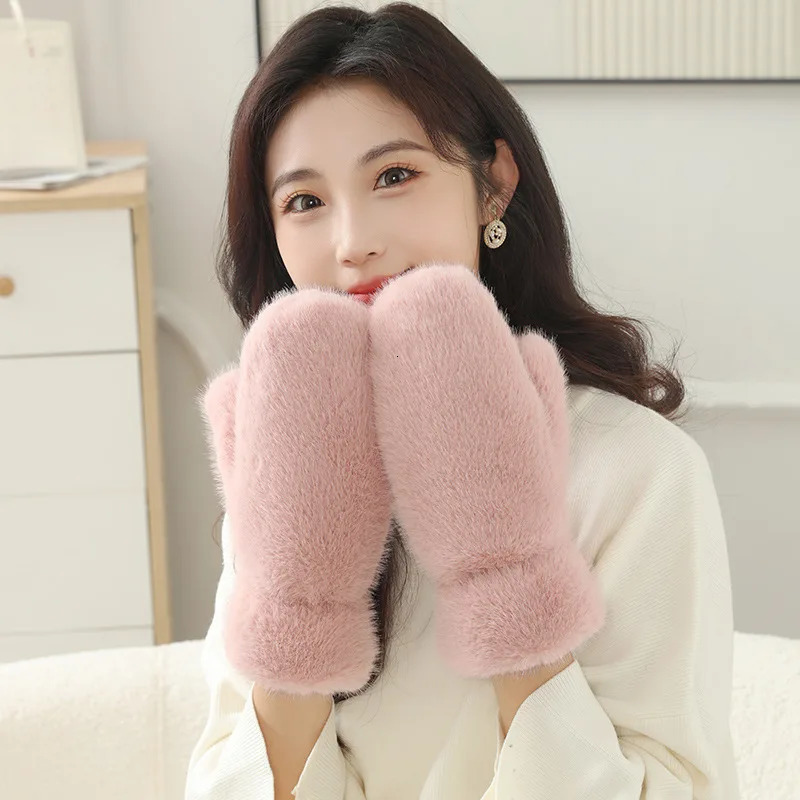 Womens Winter Gloves Thick Warm Plus Cashmere Soft Full Finger Windproof Plush Rabbit like Fur 241212