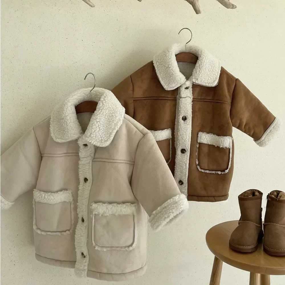 4387 Children Coat 2024 Autumn Korean Color Matching Boys Cardigan Coat Retro Casual Lamb Wool JacketXJ241214