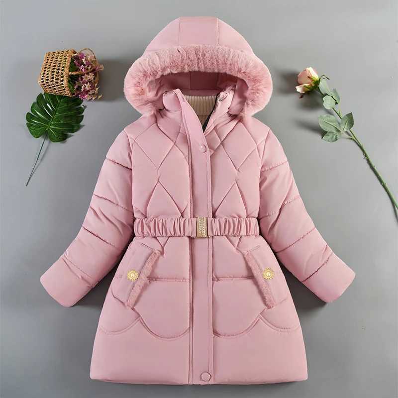 New Winter Keep Warm Girls Jacket Thick Solid Color Fur Collar Hooded Parkas Coat For 4-10 Years Kids Children Outdoor OuterwearXJ241214