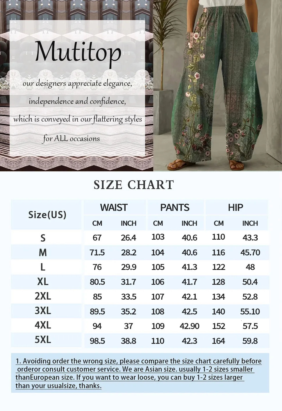 Ladies Diagonal Pocket Wide Leg Pants For Daily Casual And Elegant Floral Fashion Printed Loose Womens Clothing 241212