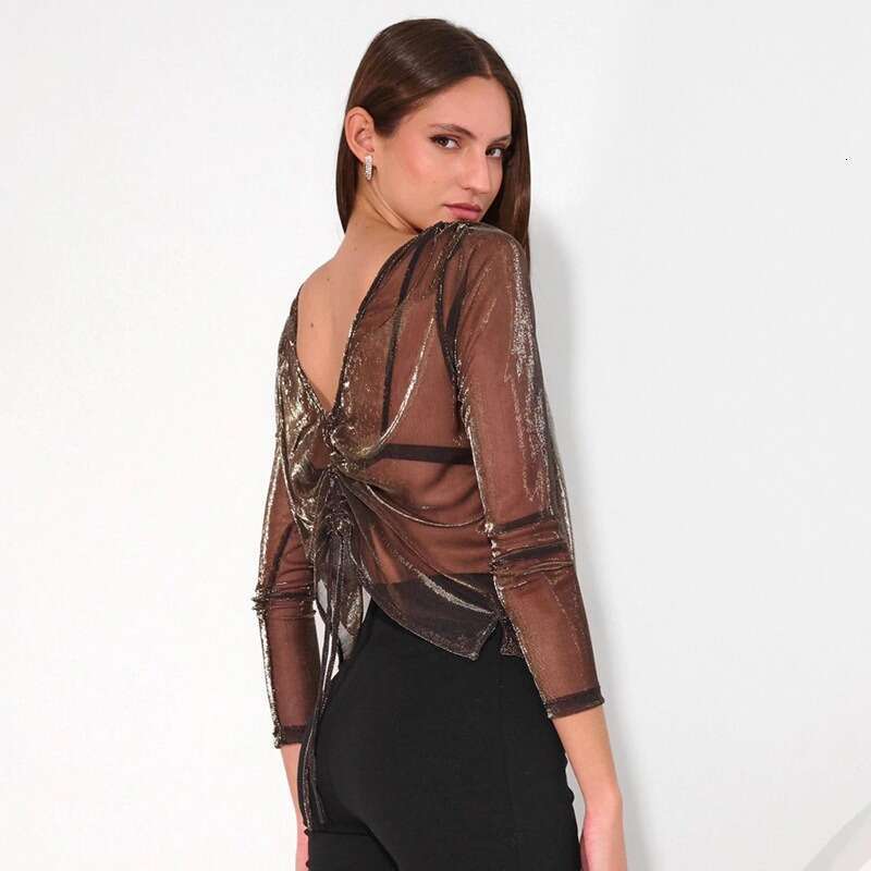 Summer New European American Women's Wear Solid Color Perspective Mesh V-Neck Front And Back Butterfly Short Top For Women