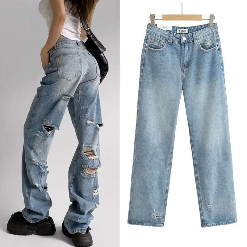 Spicy girl high waist, loose fit, slimming effect, straight jeans with holes in the back legs, women's summer vintage wide leg denim pants, 2024 